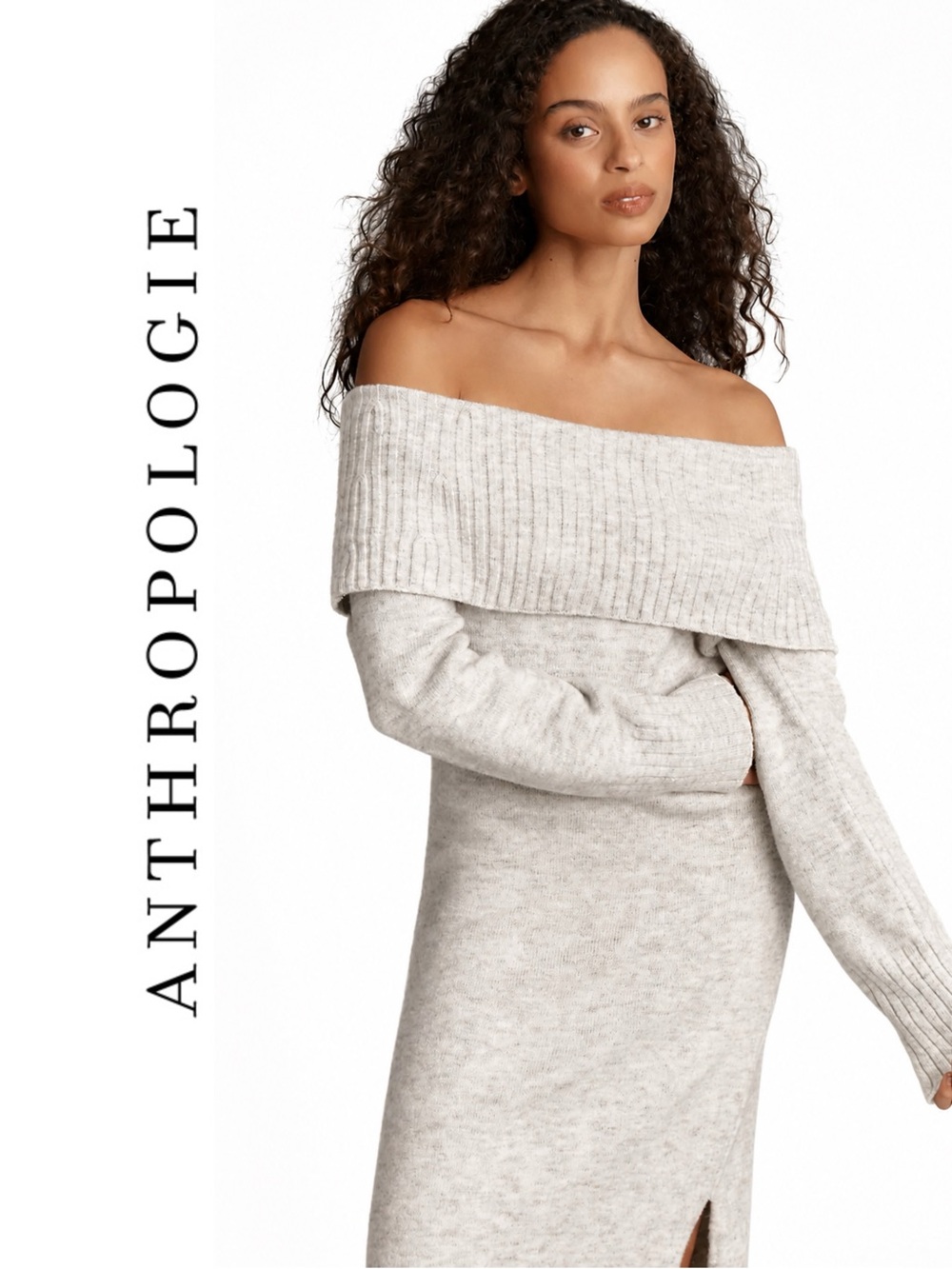 Anthropologie Daily Practice Off-Shoulder Foldover Midi Sweater Dress - Picture 1 of 5